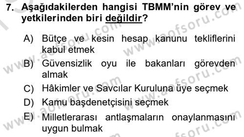 Türk Anayasa Hukuku Dersi 2021 - 2022 Yılı (Final) Dönem Sonu Sınavı 7. Soru