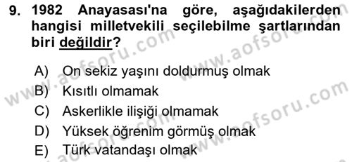 Türk Anayasa Hukuku Dersi 2021 - 2022 Yılı (Final) Dönem Sonu Sınavı 9. Soru