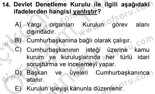 Türk Anayasa Hukuku Dersi 2021 - 2022 Yılı Yaz Okulu Sınav Soruları 14. Soru