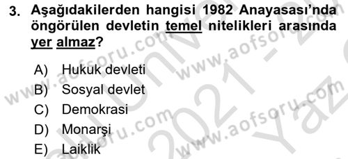 Türk Anayasa Hukuku Dersi 2021 - 2022 Yılı Yaz Okulu Sınav Soruları 3. Soru