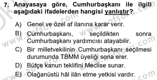 Türk Anayasa Hukuku Dersi 2021 - 2022 Yılı Yaz Okulu Sınav Soruları 7. Soru