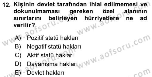 Türk Anayasa Hukuku Dersi Ara Sınavı Deneme Sınav Soruları 12. Soru