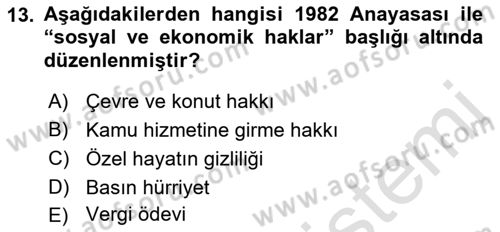 Türk Anayasa Hukuku Dersi Ara Sınavı Deneme Sınav Soruları 13. Soru