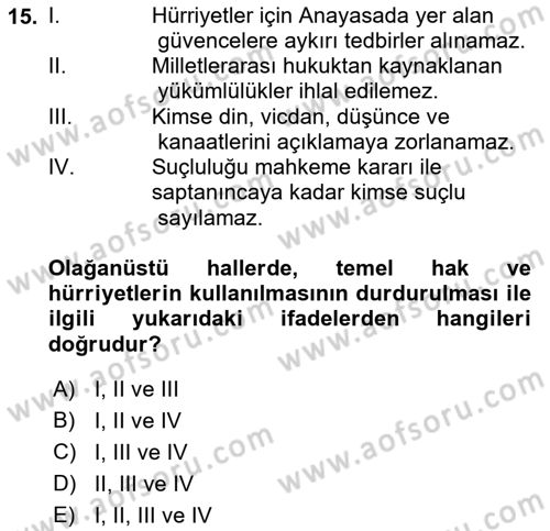 Türk Anayasa Hukuku Dersi 2022 - 2023 Yılı (Vize) Ara Sınav Soruları 15. Soru