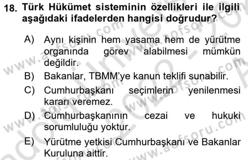 Türk Anayasa Hukuku Dersi 2022 - 2023 Yılı (Vize) Ara Sınavı 18. Soru