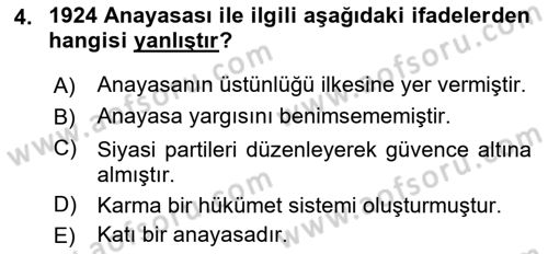 Türk Anayasa Hukuku Dersi Ara Sınavı Deneme Sınav Soruları 4. Soru