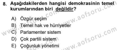 Türk Anayasa Hukuku Dersi Ara Sınavı Deneme Sınav Soruları 8. Soru