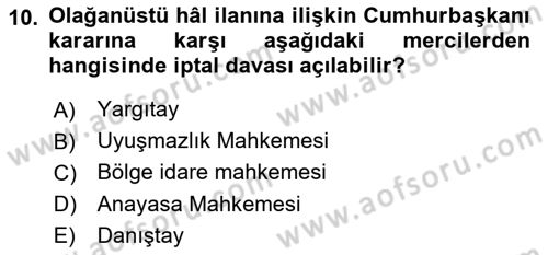 Türk Anayasa Hukuku Dersi 2022 - 2023 Yılı (Final) Dönem Sonu Sınav Soruları 10. Soru