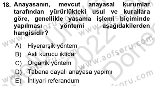 Türk Anayasa Hukuku Dersi 2022 - 2023 Yılı (Final) Dönem Sonu Sınav Soruları 18. Soru