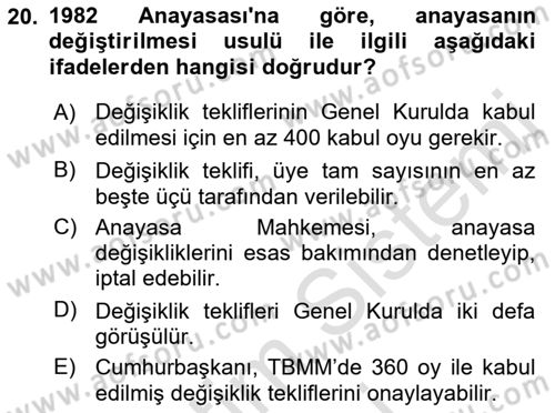 Türk Anayasa Hukuku Dersi 2022 - 2023 Yılı (Final) Dönem Sonu Sınav Soruları 20. Soru