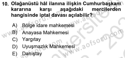 Türk Anayasa Hukuku Dersi 2022 - 2023 Yılı Yaz Okulu Sınav Soruları 10. Soru