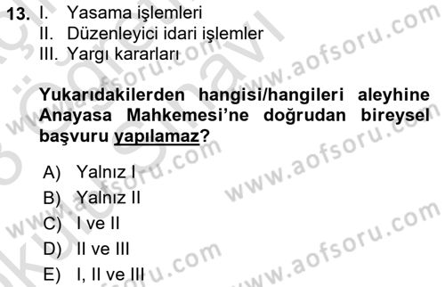 Türk Anayasa Hukuku Dersi 2022 - 2023 Yılı Yaz Okulu Sınav Soruları 13. Soru