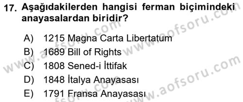 Türk Anayasa Hukuku Dersi 2022 - 2023 Yılı Yaz Okulu Sınavı 17. Soru