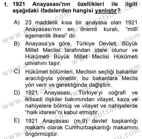 Türk Anayasa Hukuku Dersi 2023 - 2024 Yılı (Vize) Ara Sınav Soruları 1. Soru