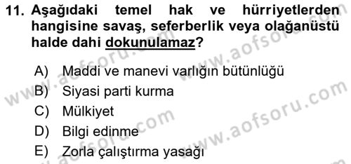 Türk Anayasa Hukuku Dersi 2023 - 2024 Yılı (Vize) Ara Sınav Soruları 11. Soru