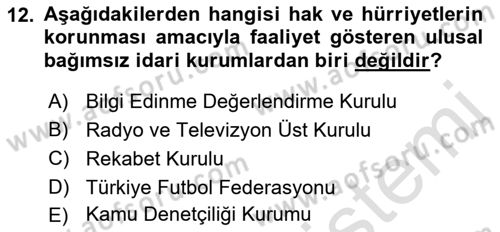 Türk Anayasa Hukuku Dersi Ara Sınavı Deneme Sınav Soruları 12. Soru