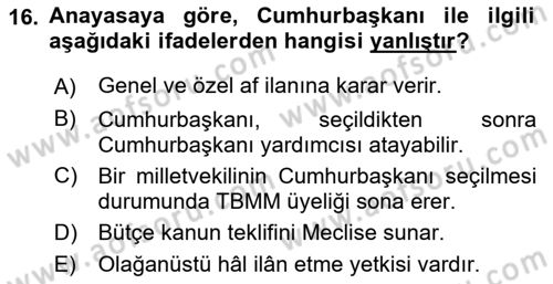 Türk Anayasa Hukuku Dersi Ara Sınavı Deneme Sınav Soruları 16. Soru