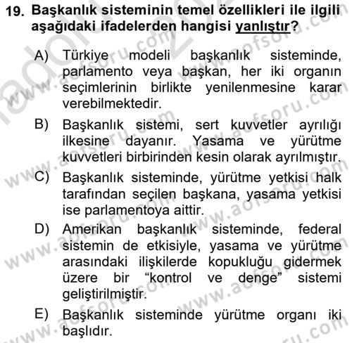 Türk Anayasa Hukuku Dersi Ara Sınavı Deneme Sınav Soruları 19. Soru