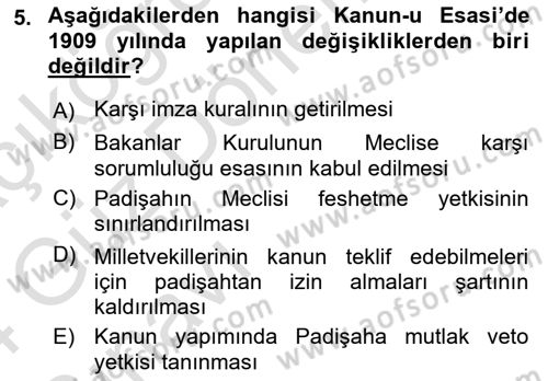 Türk Anayasa Hukuku Dersi 2023 - 2024 Yılı (Vize) Ara Sınav Soruları 5. Soru