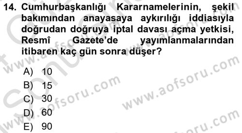 Türk Anayasa Hukuku Dersi 2023 - 2024 Yılı (Final) Dönem Sonu Sınav Soruları 14. Soru