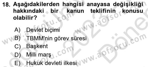 Türk Anayasa Hukuku Dersi 2023 - 2024 Yılı (Final) Dönem Sonu Sınav Soruları 18. Soru