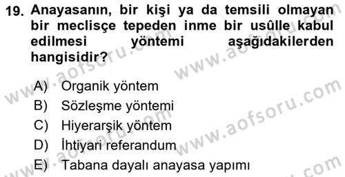 Türk Anayasa Hukuku Dersi 2023 - 2024 Yılı (Final) Dönem Sonu Sınav Soruları 19. Soru