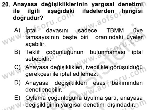 Türk Anayasa Hukuku Dersi 2023 - 2024 Yılı (Final) Dönem Sonu Sınav Soruları 20. Soru