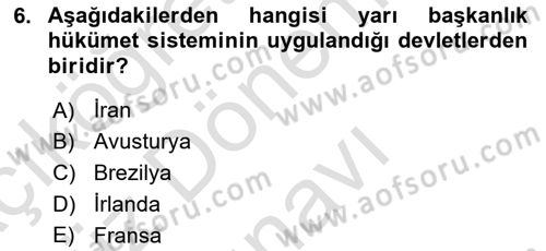 Türk Anayasa Hukuku Dersi 2023 - 2024 Yılı (Final) Dönem Sonu Sınav Soruları 6. Soru