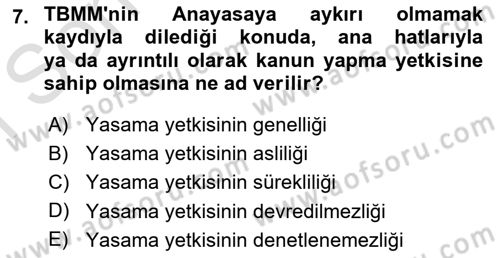 Türk Anayasa Hukuku Dersi 2023 - 2024 Yılı (Final) Dönem Sonu Sınav Soruları 7. Soru