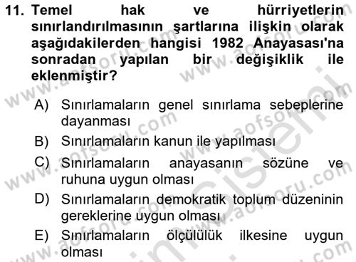 Türk Anayasa Hukuku Dersi 2024 - 2025 Yılı (Vize) Ara Sınav Soruları 11. Soru