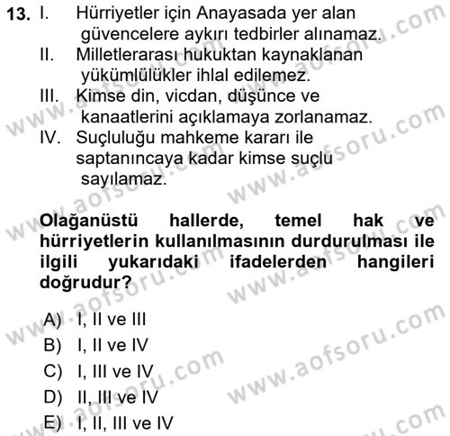 Türk Anayasa Hukuku Dersi 2024 - 2025 Yılı (Vize) Ara Sınav Soruları 13. Soru