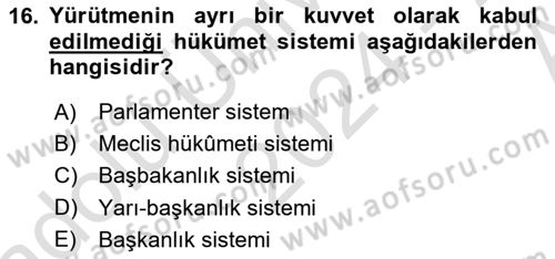 Türk Anayasa Hukuku Dersi 2024 - 2025 Yılı (Vize) Ara Sınav Soruları 16. Soru