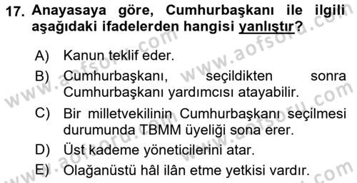 Türk Anayasa Hukuku Dersi 2024 - 2025 Yılı (Vize) Ara Sınav Soruları 17. Soru