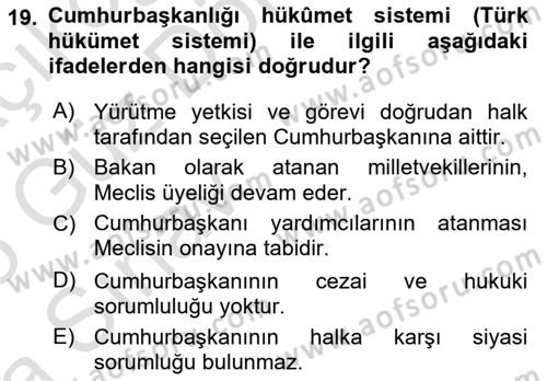 Türk Anayasa Hukuku Dersi 2024 - 2025 Yılı (Vize) Ara Sınav Soruları 19. Soru