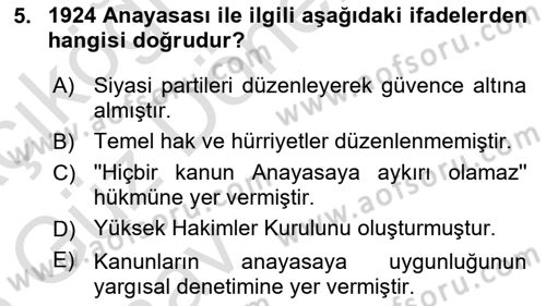 Türk Anayasa Hukuku Dersi Ara Sınavı Deneme Sınav Soruları 5. Soru