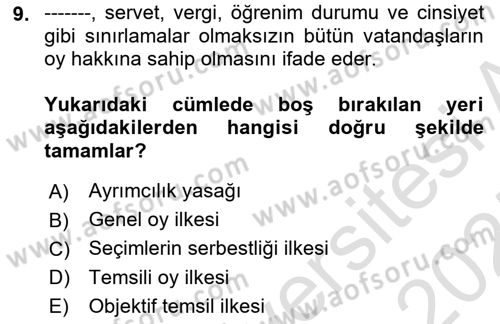 Türk Anayasa Hukuku Dersi 2024 - 2025 Yılı (Vize) Ara Sınav Soruları 9. Soru