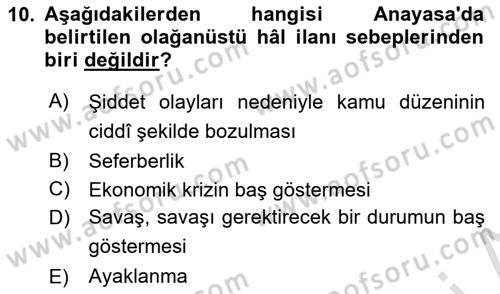 Türk Anayasa Hukuku Dersi 2024 - 2025 Yılı (Final) Dönem Sonu Sınav Soruları 10. Soru