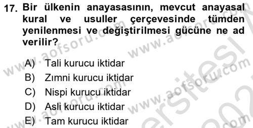Türk Anayasa Hukuku Dersi 2024 - 2025 Yılı (Final) Dönem Sonu Sınav Soruları 17. Soru