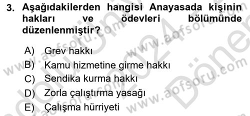 Türk Anayasa Hukuku Dersi Dönem Sonu Sınavı Deneme Sınav Soruları 3. Soru