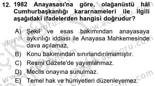 Türk Anayasa Hukuku Dersi 2024 - 2025 Yılı Yaz Okulu Sınav Soruları 12. Soru