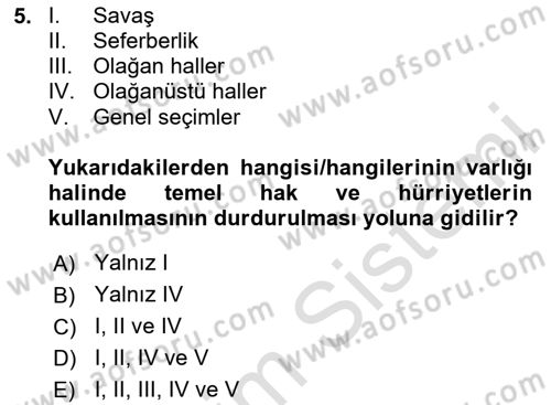 Türk Anayasa Hukuku Dersi 2024 - 2025 Yılı Yaz Okulu Sınav Soruları 5. Soru