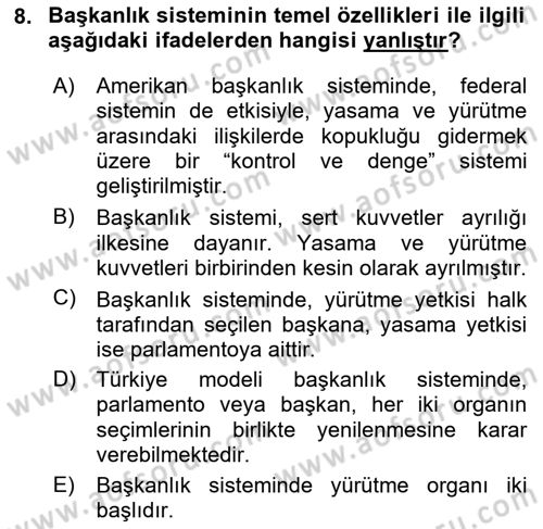 Türk Anayasa Hukuku Dersi 2024 - 2025 Yılı Yaz Okulu Sınav Soruları 8. Soru