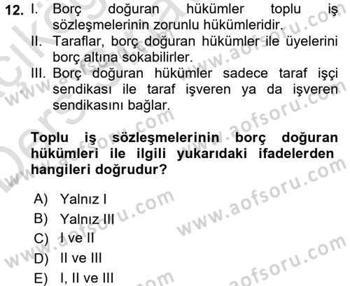 İş Ve Sosyal Güvenlik Hukuku Dersi 2018 - 2019 Yılı 3 Ders Sınavı 12. Soru