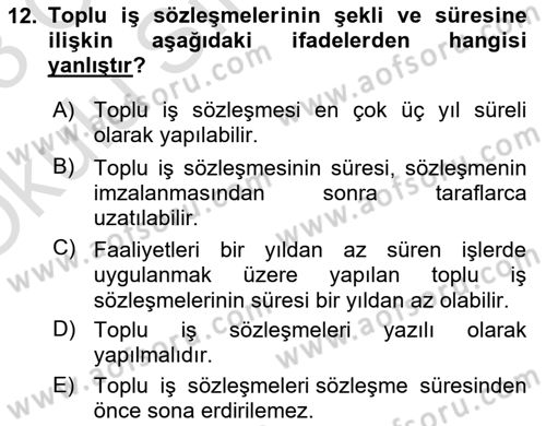 İş Ve Sosyal Güvenlik Hukuku Dersi 2022 - 2023 Yılı Yaz Okulu Sınav Soruları 12. Soru