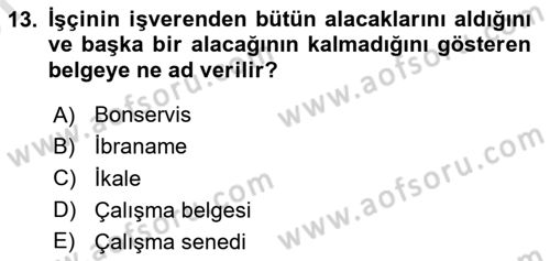 İş Ve Sosyal Güvenlik Hukuku Dersi 2023 - 2024 Yılı (Vize) Ara Sınavı 13. Soru