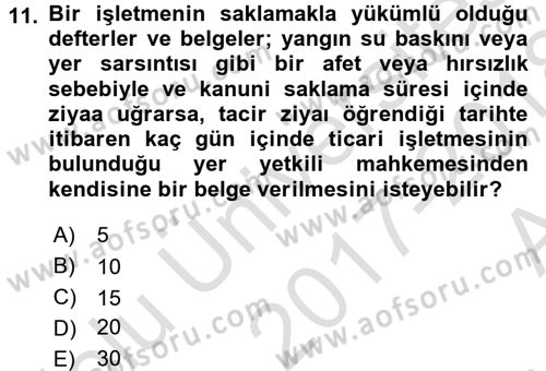 Muhasebe ve Hukuk Dersi 2017 - 2018 Yılı (Vize) Ara Sınav Soruları 11. Soru