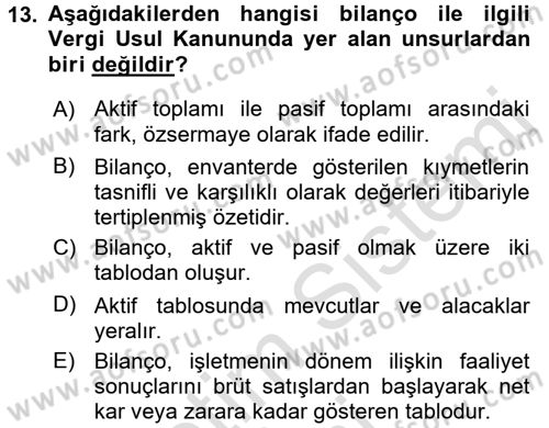 Muhasebe ve Hukuk Dersi 2017 - 2018 Yılı (Vize) Ara Sınav Soruları 13. Soru