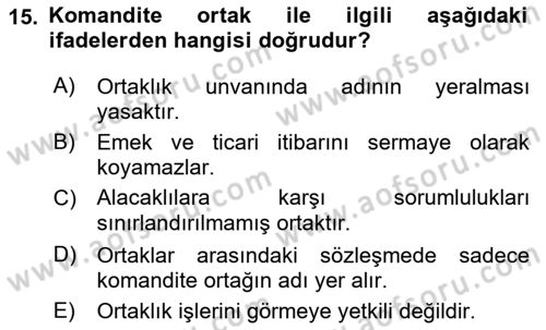 Muhasebe ve Hukuk Dersi 2018 - 2019 Yılı 3 Ders Sınav Soruları 15. Soru