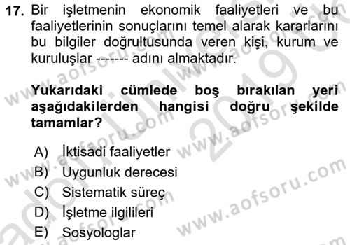 Muhasebe ve Hukuk Dersi 2018 - 2019 Yılı 3 Ders Sınav Soruları 17. Soru