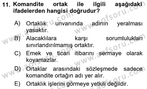 Muhasebe ve Hukuk Dersi 2018 - 2019 Yılı (Final) Dönem Sonu Sınav Soruları 11. Soru